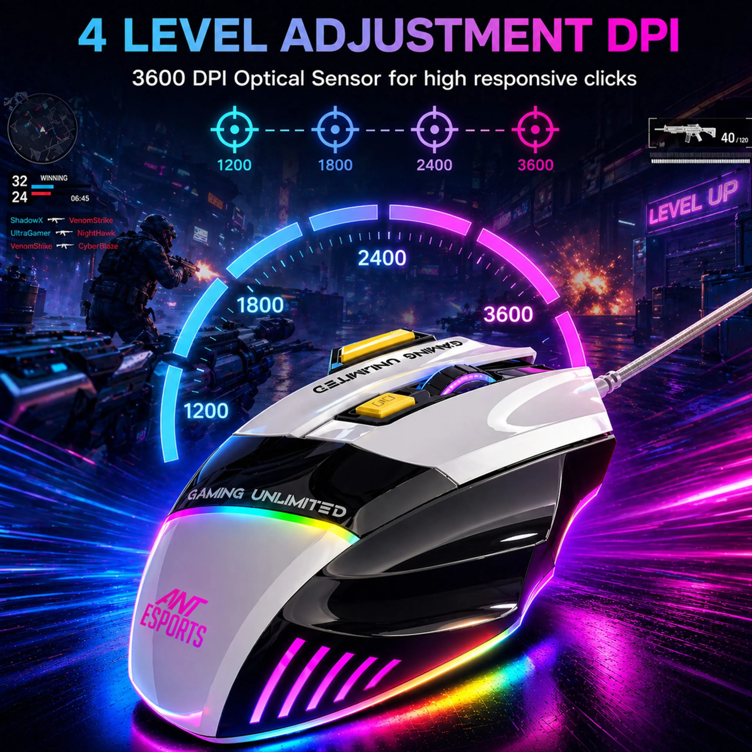 Ant Esports Wired Gaming Mouse RGB Strike10 White view 6